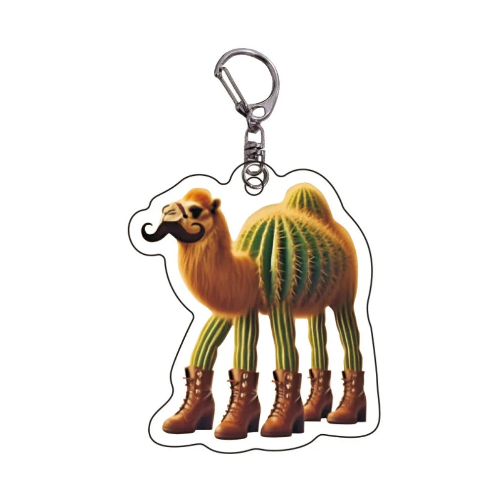 Acrylic keychain featuring a cartoon depiction of a camel wearing brown boots