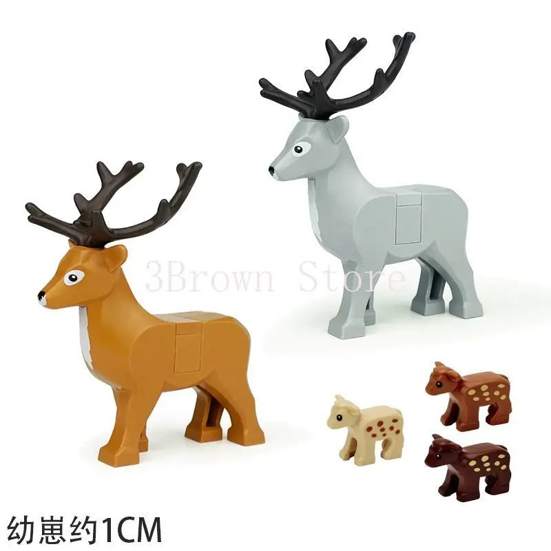 A set of six 3D-printed animal building blocks featuring a deer, a wolf, and other wildlife models in various colors.