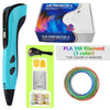 A blue 3D printing pen with a Type-C battery and an open box of PLA filament is shown alongside the components.