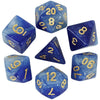 A set of blue and gold polyhedral dice showing various numbers and symbols.