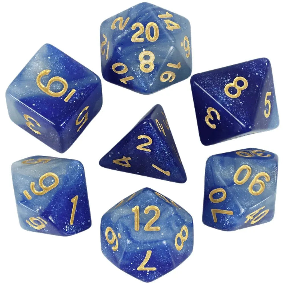 A set of blue and gold polyhedral dice showing various numbers and symbols.