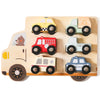 A wooden puzzle featuring four different colored and shaped toy cars for toddlers.