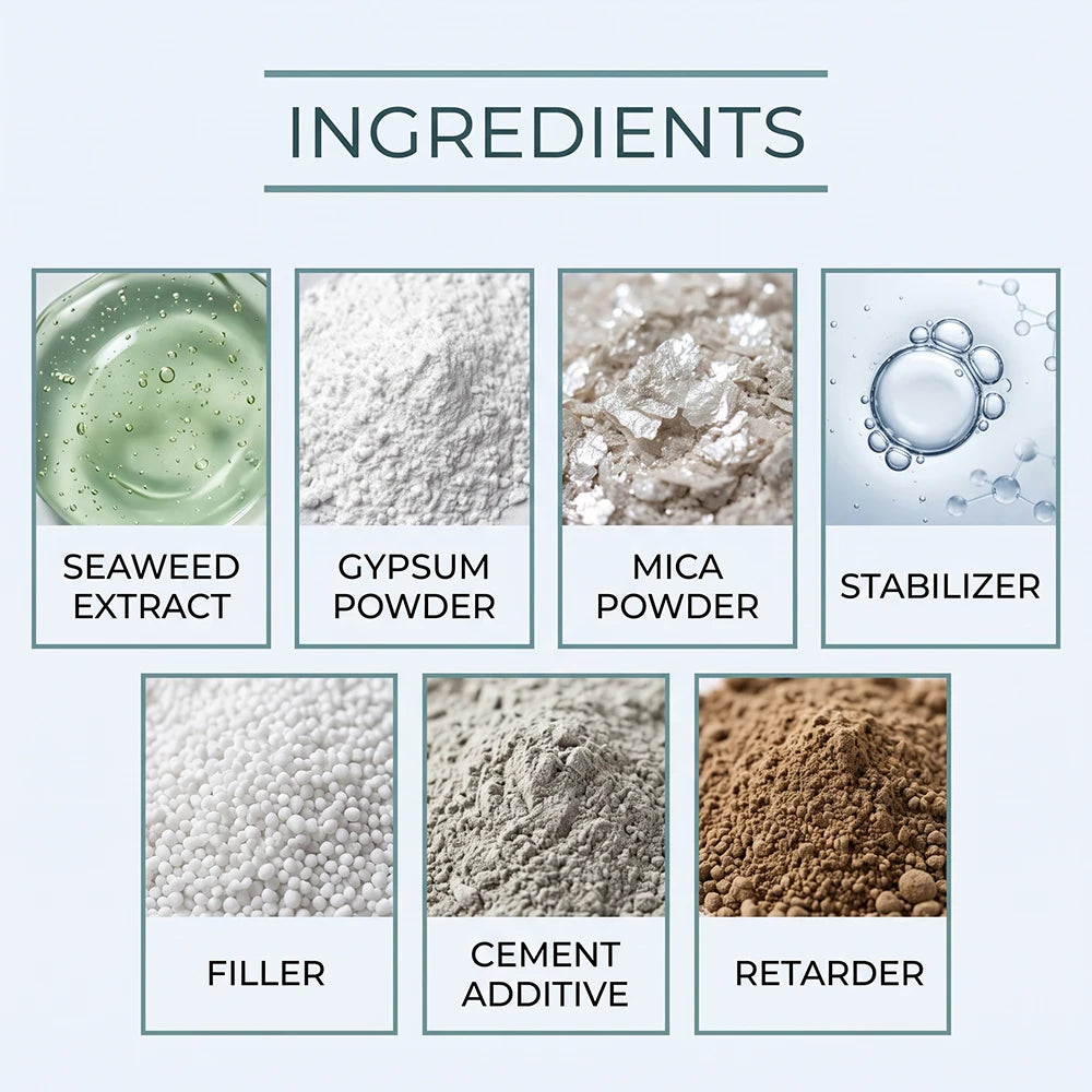 Ingredients list showing seaweed extract, gypsum powder, mica powder, stabilizer, filler, cement additive, and retarder for a