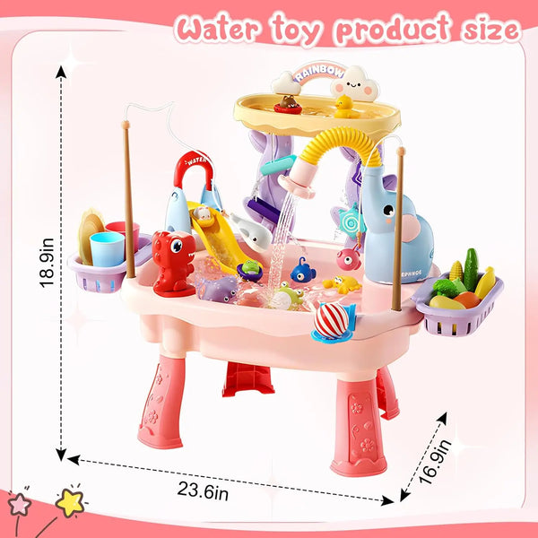 A pink water toy play table featuring an electric pump, faucet, fishing game, and play food for children.