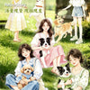 A collection of illustrations featuring girls and pets in a retro style, including various animal decals.