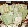 A collection of vintage green and pink patterned paper sheets for journaling and scrapbooking