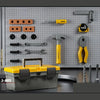 A yellow and silver tool box set for kids featuring various pretend play tools like a drill and hammer.
