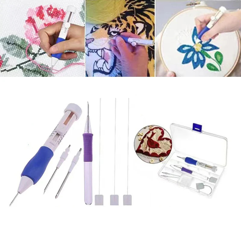 Punch needle embroidery kit showing a hand using an ergonomic handle to create a floral design on fabric.