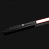 A close-up view of an RGB metal lightsaber with a glowing red blade and black grip.