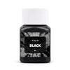 A glass bottle of black textile fabric dye kit with a white cap.