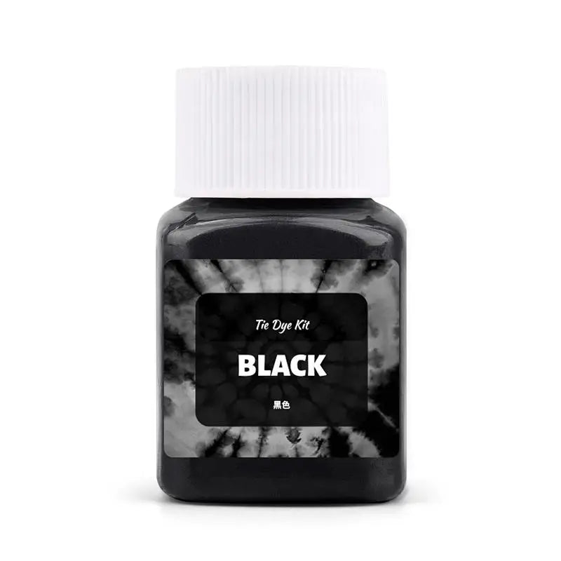 A glass bottle of black textile fabric dye kit with a white cap.
