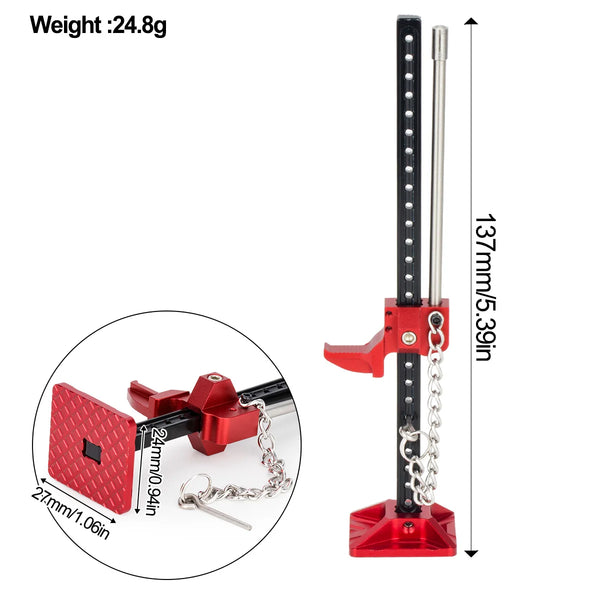 A red metal mini lifting jack with a chain and a handle is shown next to its dimensions.