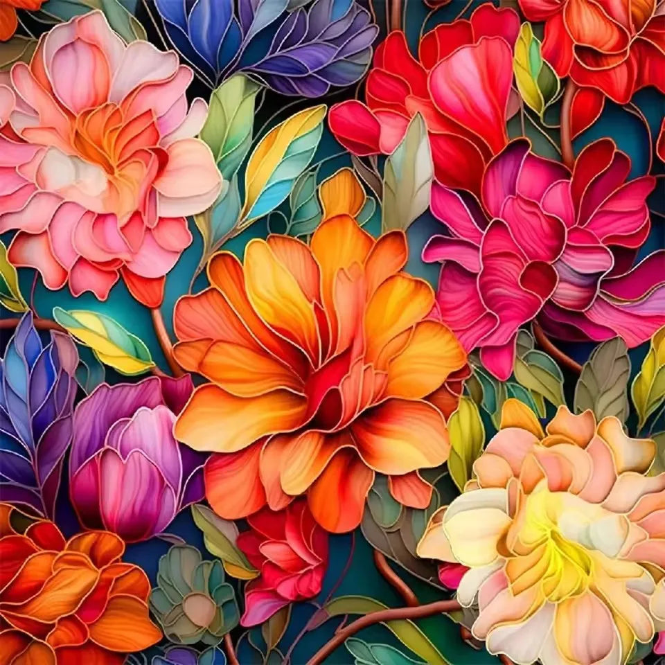 Vibrant floral art featuring colorful roses and sunflowers in a 5D diamond painting kit.