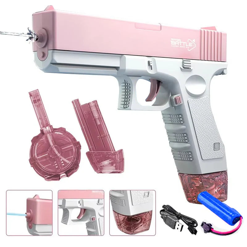 A pink electric water blaster gun for kids with accessories and a charging cable.