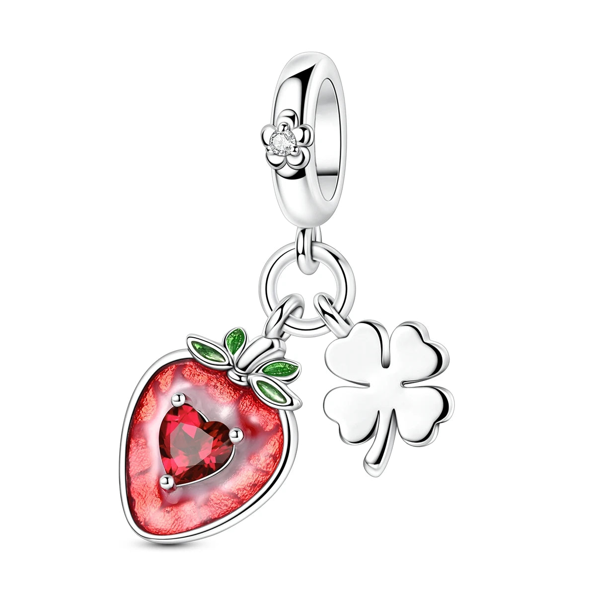 A silver fruit charm featuring a strawberry and a four-leaf clover design.