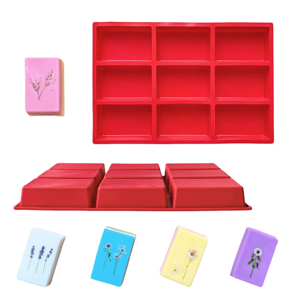 A set of red silicone molds for crafting, including a 9-cavity tray and several small rectangular molds in various colors.
