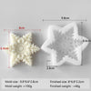 A white snowflake silicone mold with dimensions 9.8cm by 8.6cm and a finished size of 8cm by 2.2cm.