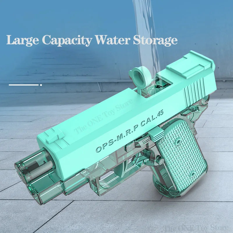 A teal water storage pistol with a large capacity tank is shown on a light gray surface.