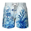 Men's beach swim shorts with a blue tropical coconut tree print