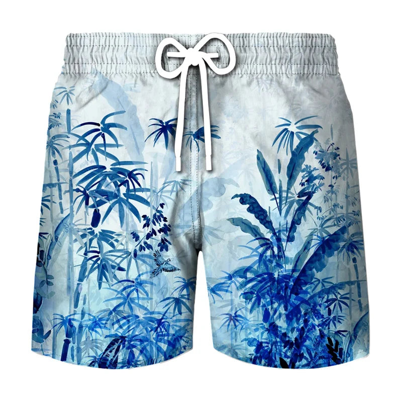 Men's beach swim shorts with a blue tropical coconut tree print