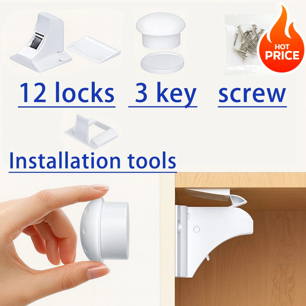 A hand holds a white magnetic cabinet lock and installation tools, showing the product for safety locks.