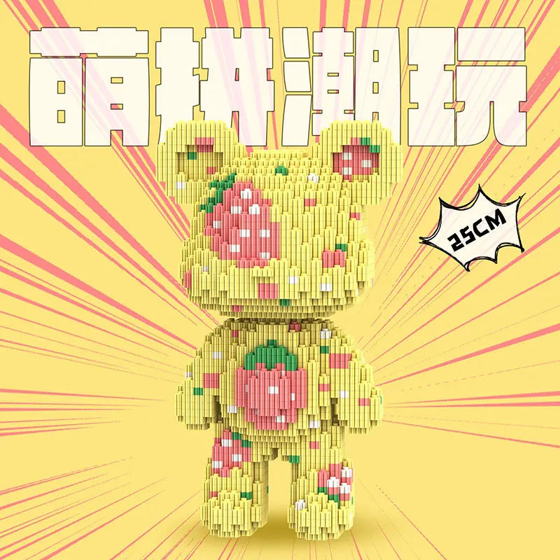 A detailed brick art bear figure made of yellow and pink blocks, presented against a bright yellow background.