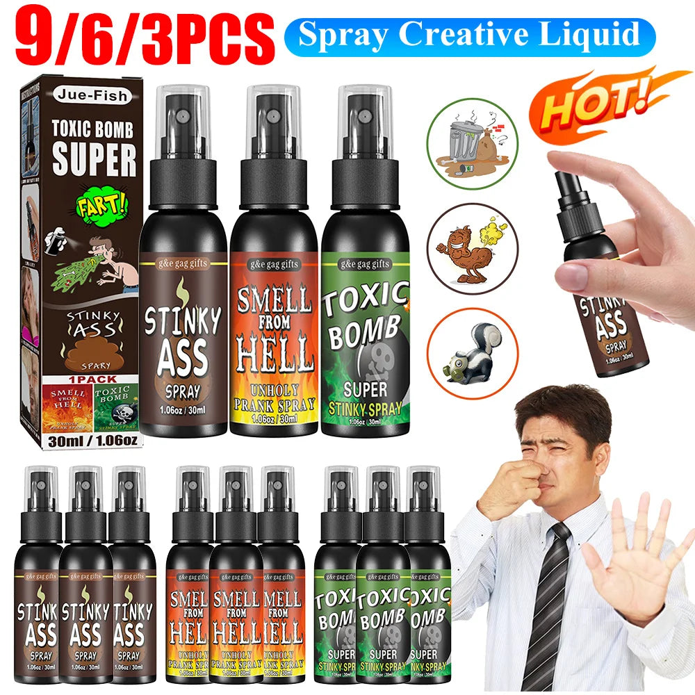 A collection of Jiu-Fish Toxic Bomb Super Stinky Ass spray liquid bottles and a hand applying the product.