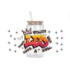 A clear glass bottle with a straw contains a liquid and features graffiti art of the word LEO.