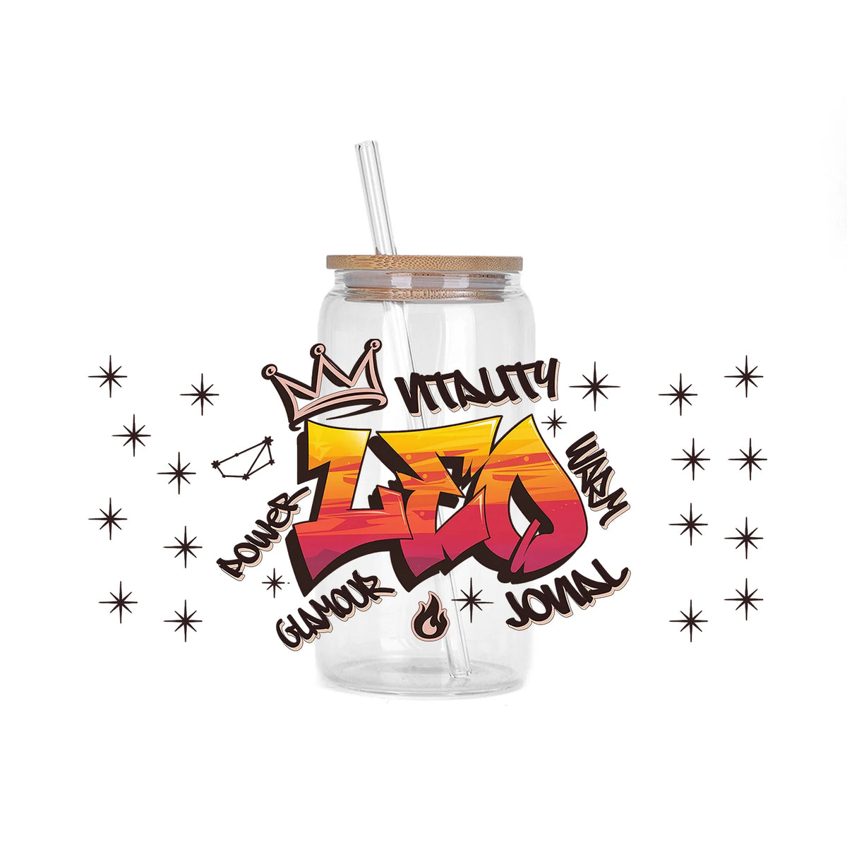 A clear glass bottle with a straw contains a liquid and features graffiti art of the word LEO.