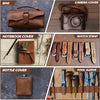 A collection of leather accessories including a bag, notebook cover, bottle cover, camera cover, and watch strap.
