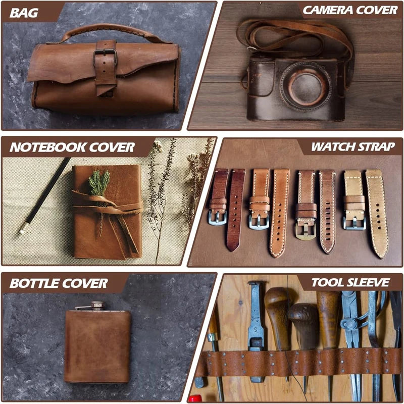 A collection of leather accessories including a bag, notebook cover, bottle cover, camera cover, and watch strap.