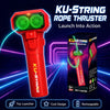 A red KU-STRING rope thruster toy launcher with green glowing lights and a box showing the product features.