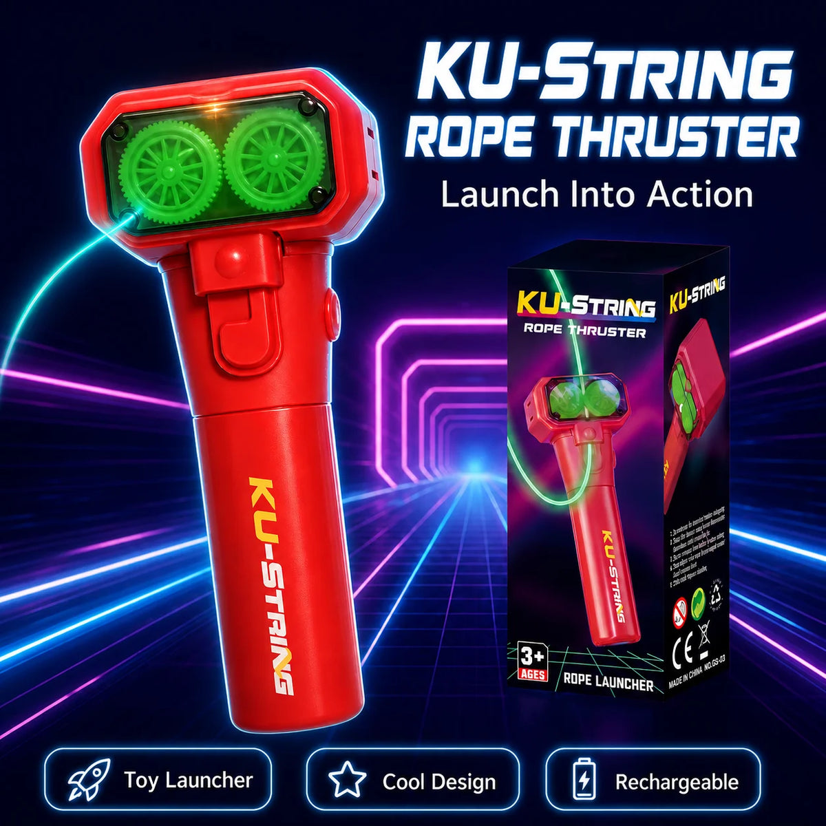 A red KU-STRING rope thruster toy launcher with green glowing lights and a box showing the product features.