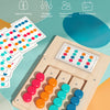A wooden color matching puzzle game with colored discs and a board is shown next to related concepts like logical thinking an