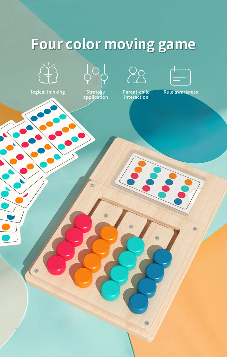 A wooden color matching puzzle game with colored discs and a board is shown next to related concepts like logical thinking an