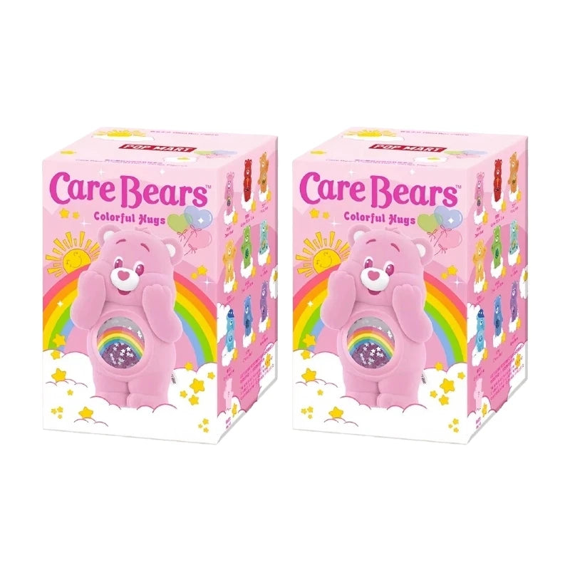 A box of POP MART Care Bears Colorful Hugs collectible figurines featuring pink bears and rainbow accents.