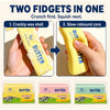 Two yellow fidget toys are shown, demonstrating a crackly wax shell and a slow-rebound core.