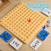 A yellow multiplication board game with numbered tiles and wooden pieces is shown on a light wooden surface.