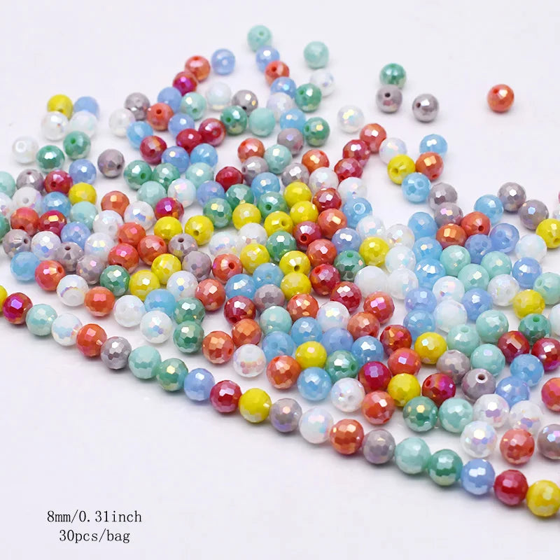 Faceted Round Crystal Glass Beads - 8mm Mixed Colors, 30-Pack