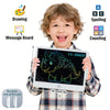 A young boy holds a 11-inch LCD drawing tablet and a stylus, demonstrating various skills like drawing, spelling, and countin