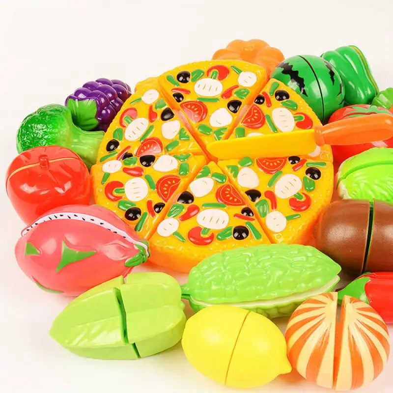 A colorful pretend play cutting set featuring plastic fruits and vegetables like apples, watermelon, and citrus slices.