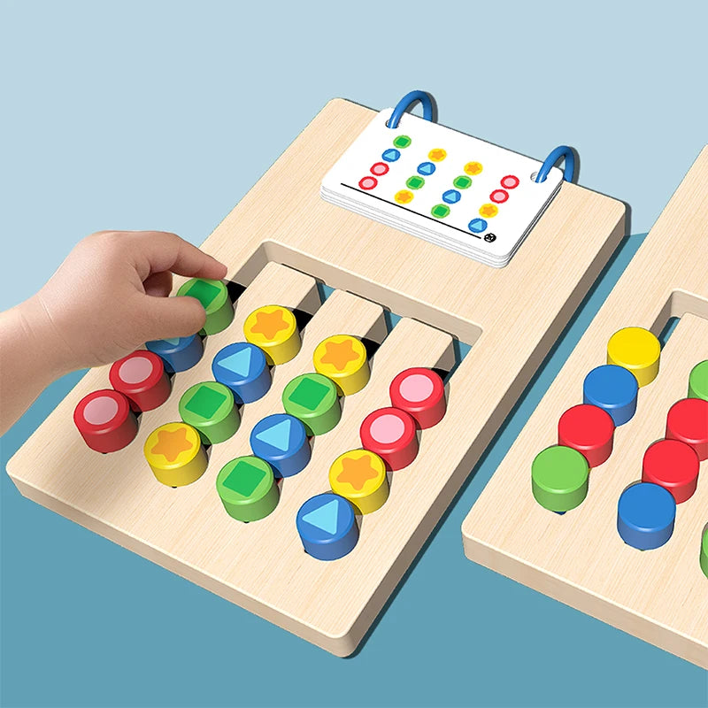 A wooden color and shape matching game with colored wooden pieces and a matching card is shown on a light wooden board.