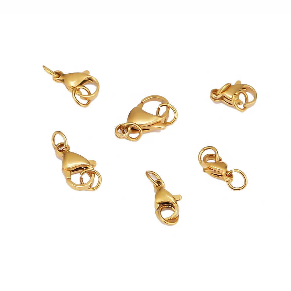 A set of gold-toned stainless steel lobster clasps and jewelry connectors.