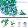 A collection of small green and blue cherry blossom tree building blocks with various sizes shown in bulk and individual exam