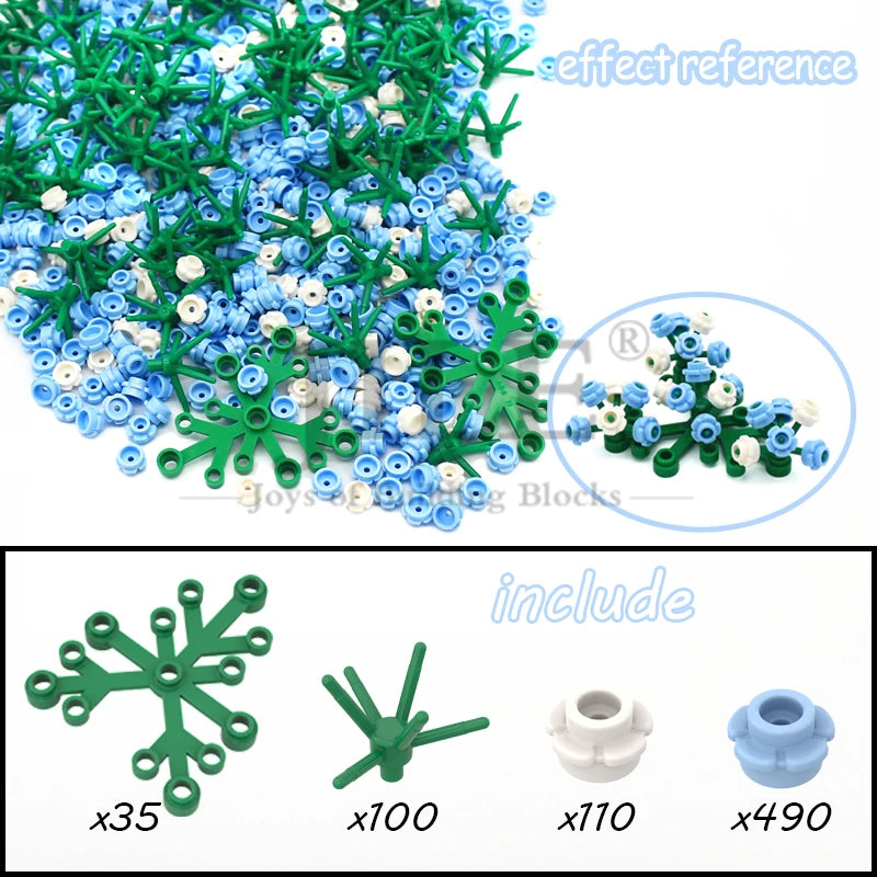 A collection of small green and blue cherry blossom tree building blocks with various sizes shown in bulk and individual exam