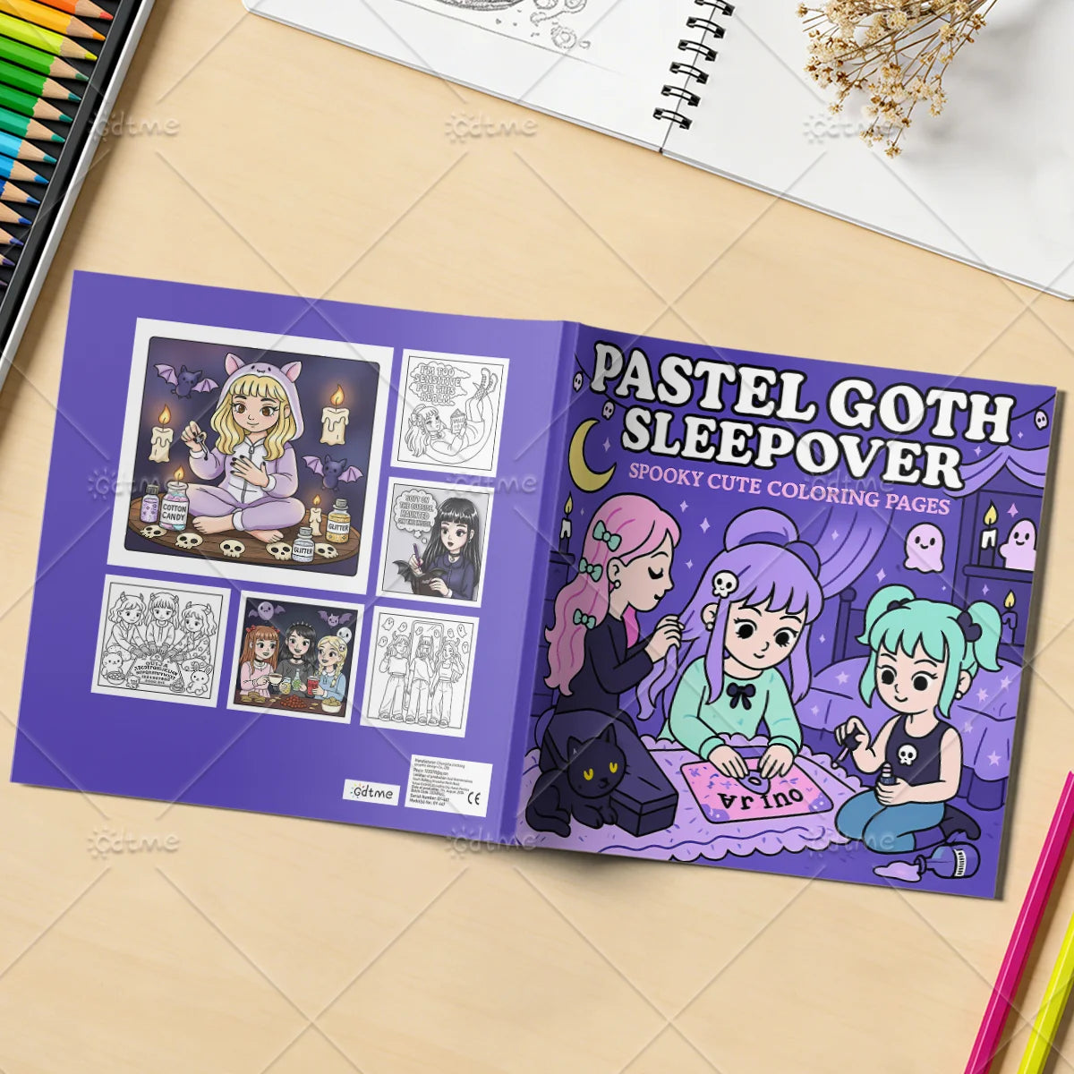 A purple coloring book titled Pastel Goth Sleepover featuring spooky cute scenes and characters.