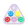 A set of five colored gonggi stones, including a square and a triangle shape, arranged in a white plastic tray.