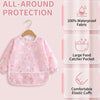Pink all-around protection baby bibs featuring waterproof fabric, a food catcher pocket, and elastic cuffs.