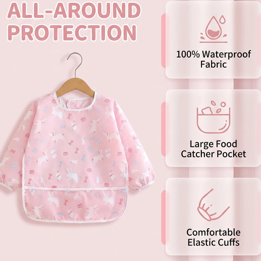 Pink all-around protection baby bibs featuring waterproof fabric, a food catcher pocket, and elastic cuffs.