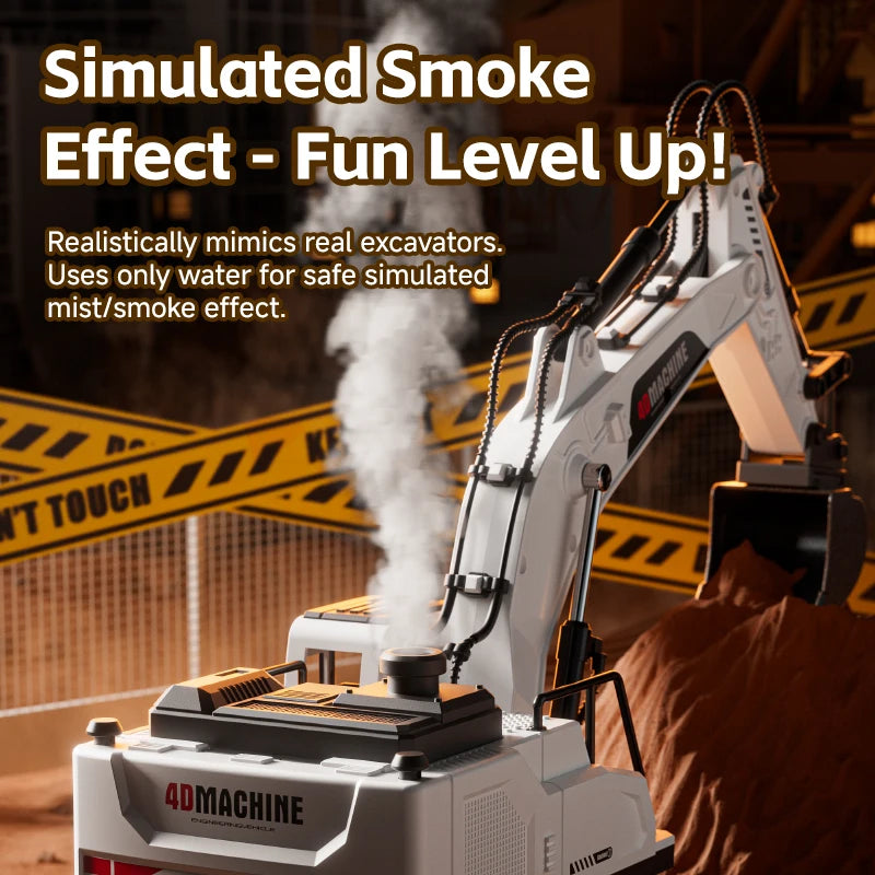 A white 4Dmachine excavator toy simulating a smoke effect, shown in a construction setting.
